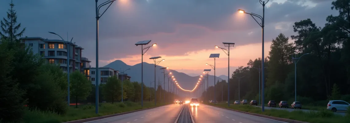 Vista panorámica de una ciudad moderna iluminada por luces solares al atardecer