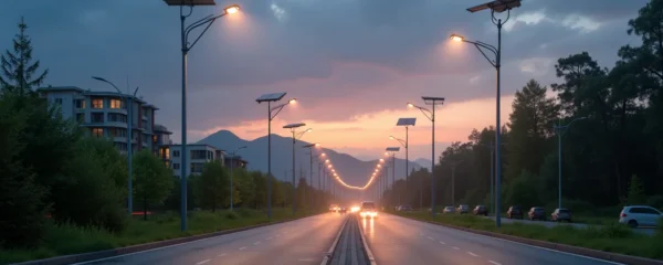 Vista panorámica de una ciudad moderna iluminada por luces solares al atardecer