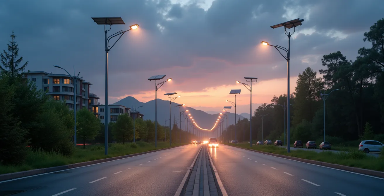 Vista panorámica de una ciudad moderna iluminada por luces solares al atardecer