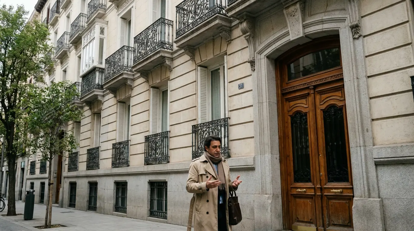 Fachada de edificio residencial señorial en barrio de Salamanca con balcones de hierro forjado representando precios inmobiliarios premium