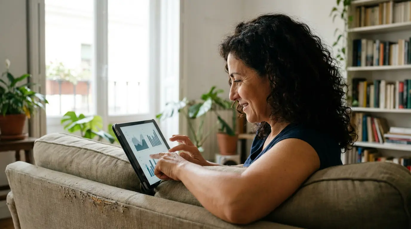 Propietaria consultando valoración inmobiliaria de su vivienda en tablet desde el salón