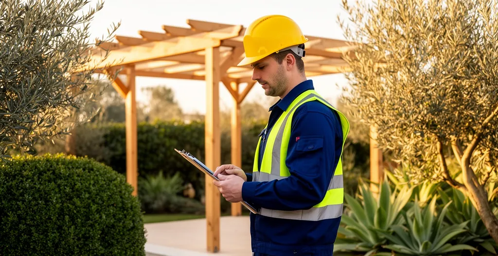 Análisis de sombras en pérgola solar con técnico evaluando ubicación
