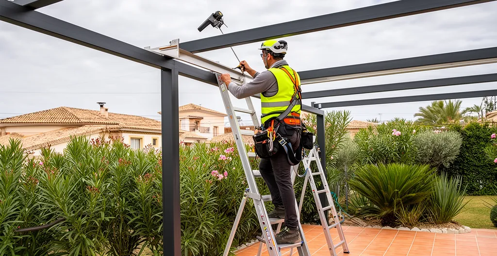 Instalación segura de estructura metálica para pérgola solar