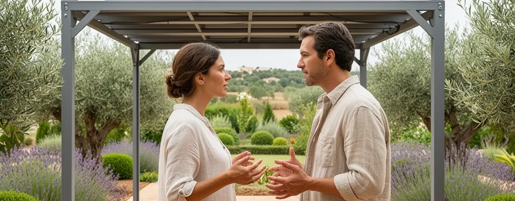 Pérgola solar instalada en patio residencial con paneles fotovoltaicos visibles