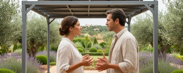 Pérgola solar instalada en patio residencial con paneles fotovoltaicos visibles